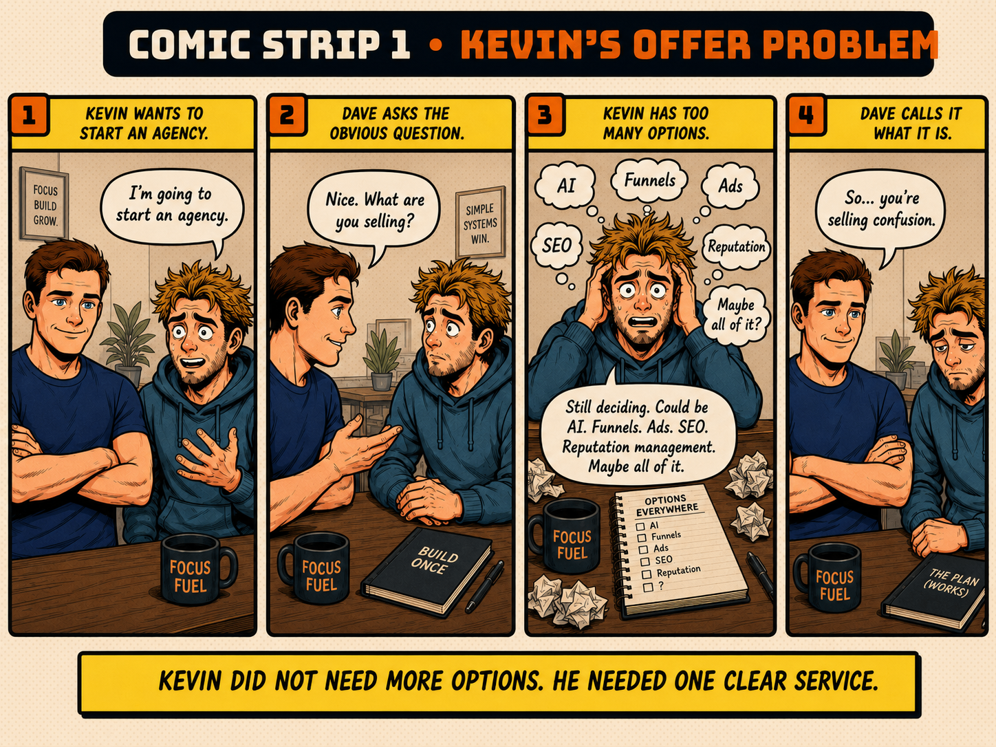 Comic Strip 1 — Kevin's Offer Problem. Kevin wants to start an agency, Dave asks the obvious question, Kevin has too many options, and Dave calls it what it is.