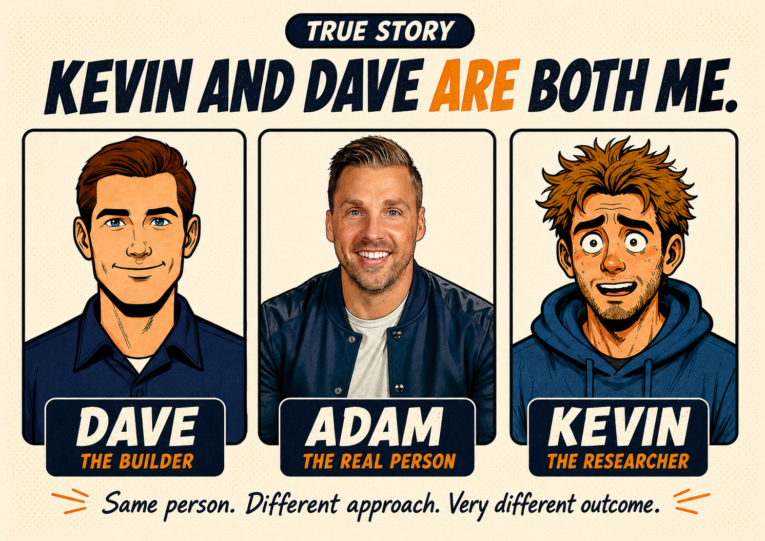 True Story — Kevin and Dave are both me. Dave the Builder, Adam the real person, Kevin the Researcher. Same person, different approach, very different outcome.